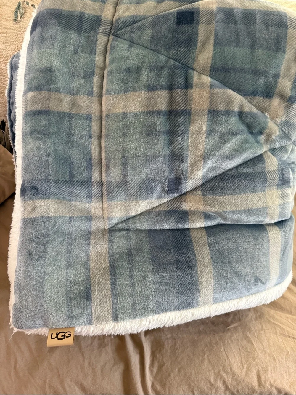 UGG Blue Plaid Oversized Sherpa Quilted Comforter Blanket 70x87